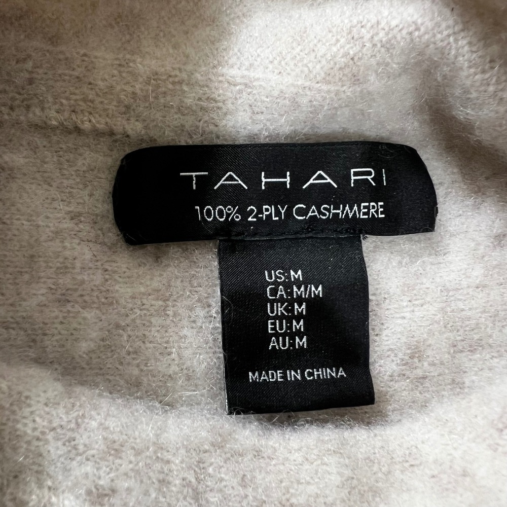 Tahari Cashmere Sweater Oatmeal Beige Mock Neck Women Medium 2-Ply Luxury - Picture 2 of 6